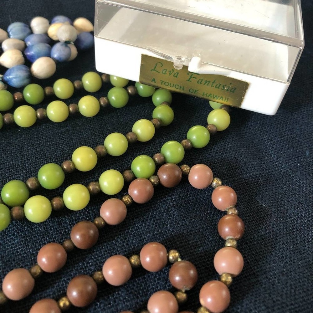 vintage set of three necklaces plastic seeds Hawaiian costume blue brown white
